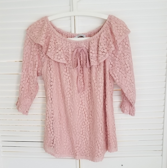 Elpan Tops - Pink lace ruffle collar top